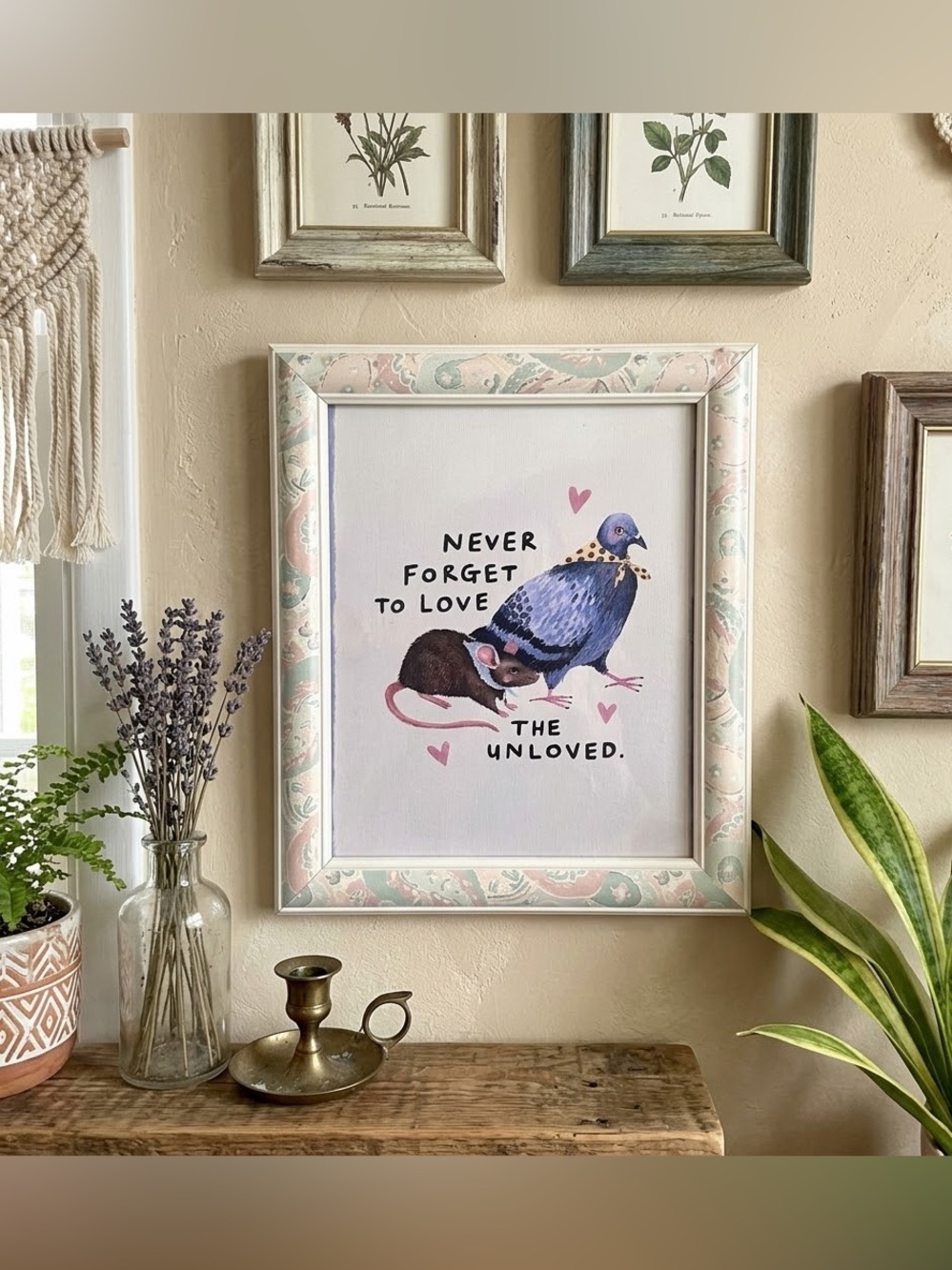 "Love the Unloved" Pigeon & Rat Art Print Framed 10x12.5” Pastel Folk Decor Bird